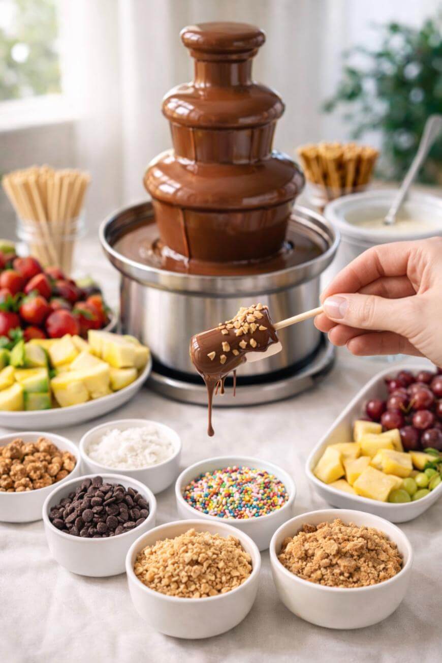 A hand dips a skewer with fruit into a chocolate fountain, surrounded by bowls of sprinkles, nuts, chocolate chips, coconut, and plates of fruit like strawberries, pineapple, grapes, and melon on a table.