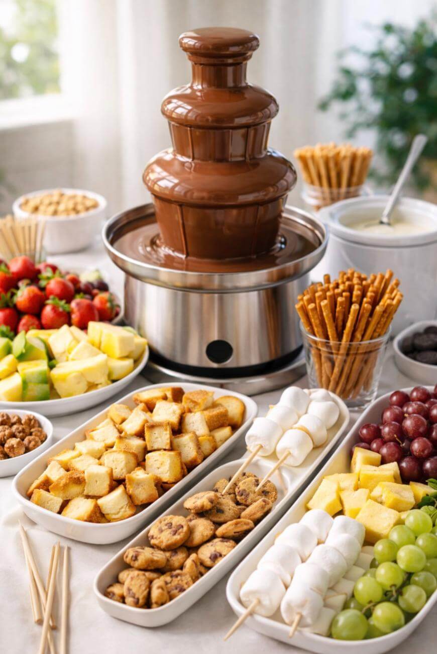 A chocolate fountain surrounded by a variety of dipping items, including strawberries, apple slices, grapes, marshmallows, cubes of bread, cookies, pineapple chunks, pretzel sticks, and bowls of snacks.