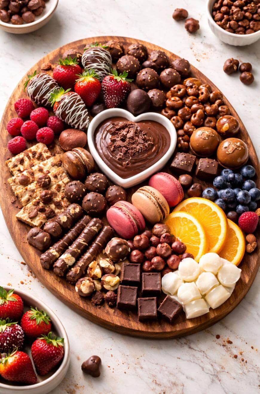 A wooden platter filled with chocolate treats, fresh strawberries, raspberries, blueberries, orange slices, macarons, waffles, marshmallows, and a heart-shaped bowl of chocolate dip in the center.
