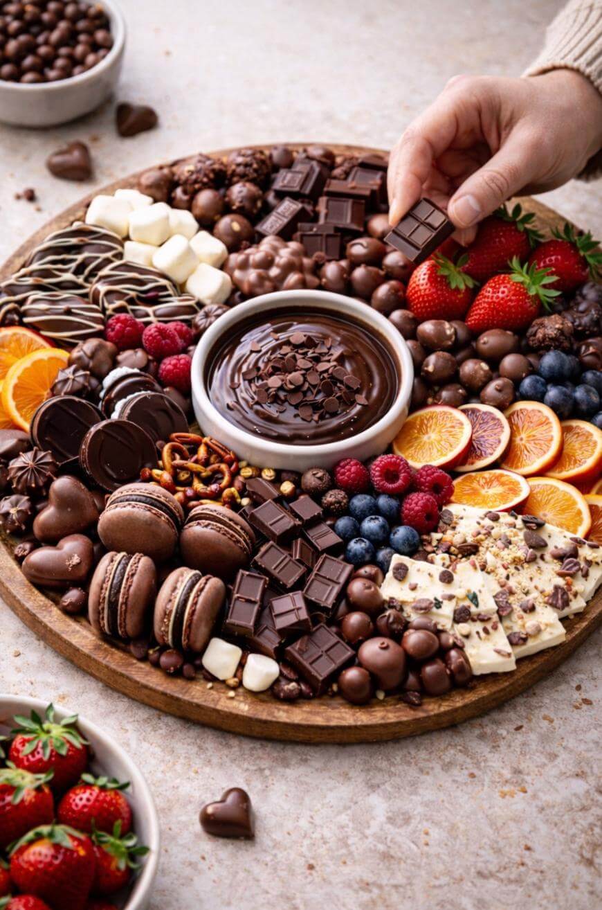 A round wooden board filled with assorted chocolates, macarons, berries, orange slices, and pretzels surrounds a bowl of chocolate dip. A hand reaches for a piece of chocolate from the board.