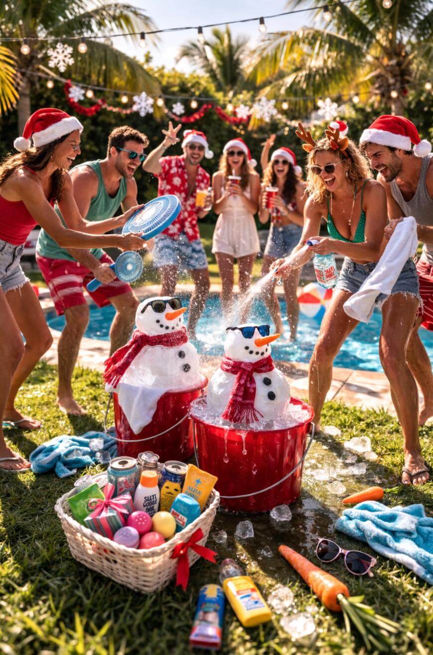 A group of friends in swimsuits and Santa hats laugh and splash water on snowmen in ice buckets by a pool, surrounded by palm trees, Christmas decorations, and summer snacks.