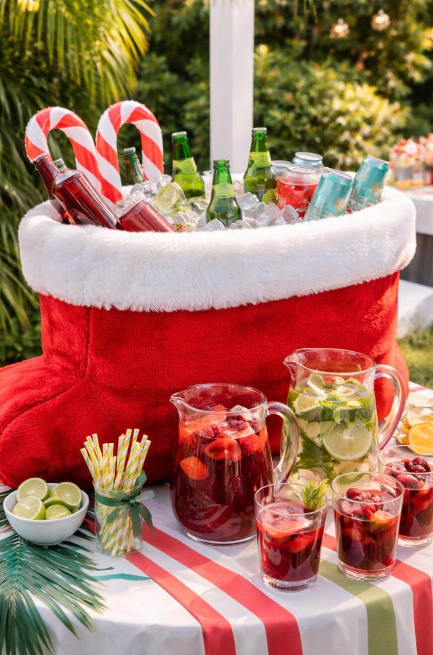 A large plush Christmas stocking filled with ice, soda bottles, and candy canes sits on a festive table with pitchers and glasses of fruit punch, sliced limes, straws, and colorful holiday decorations outdoors.