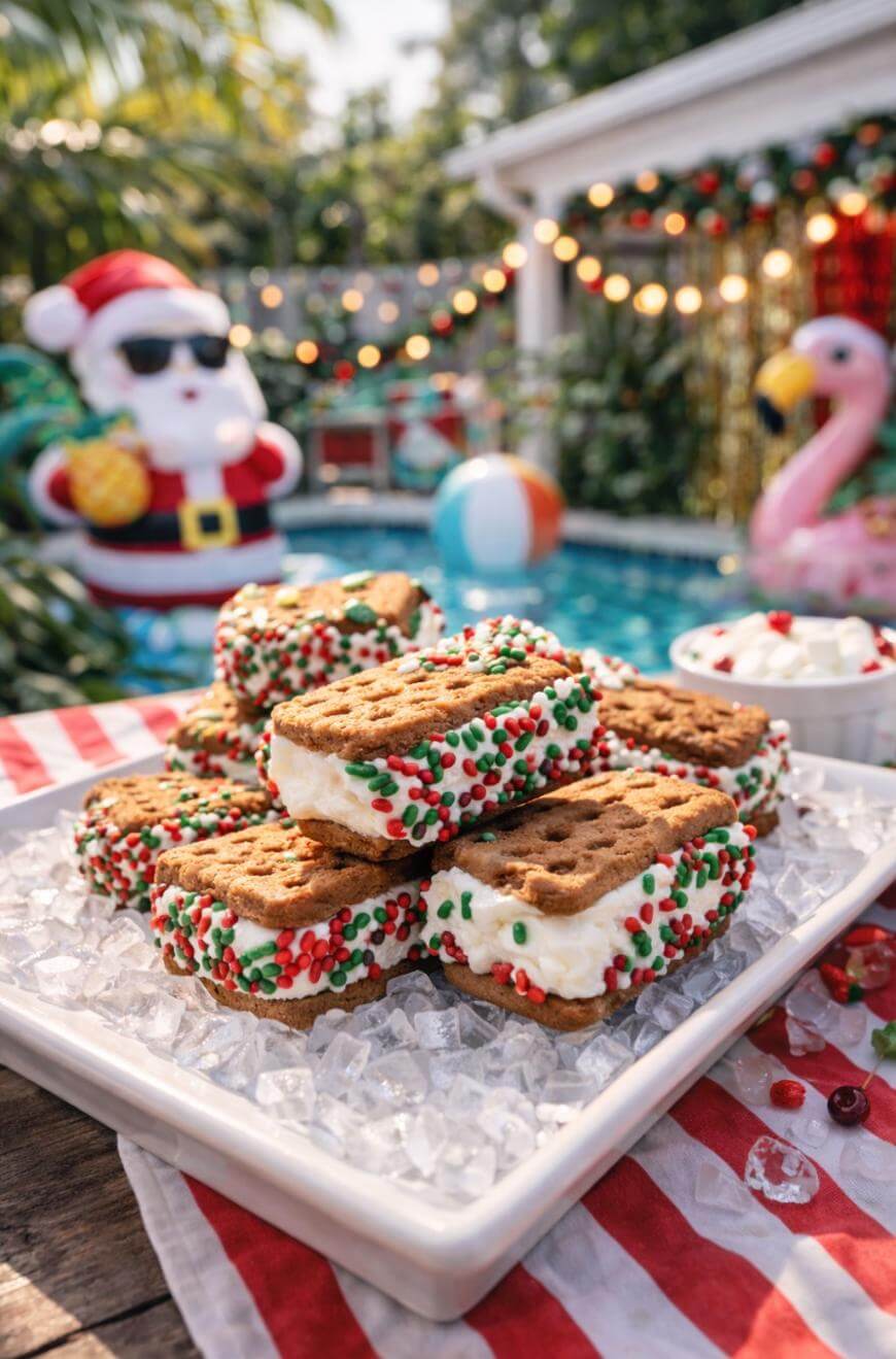 Ice cream sandwiches with colorful sprinkles sit on a tray of ice, in front of a pool with festive holiday decorations, including an inflatable Santa and a pink flamingo.
