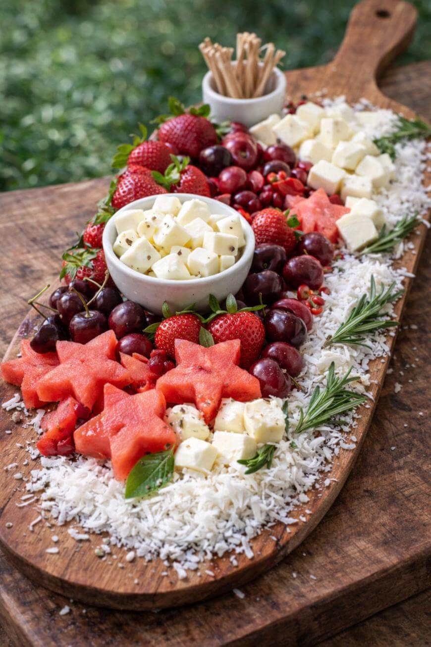 A wooden serving board with watermelon stars, strawberries, cherries, grapes, cubes of white cheese, shredded coconut, rosemary sprigs, and a small bowl of toothpicks, set on a rustic table outdoors.