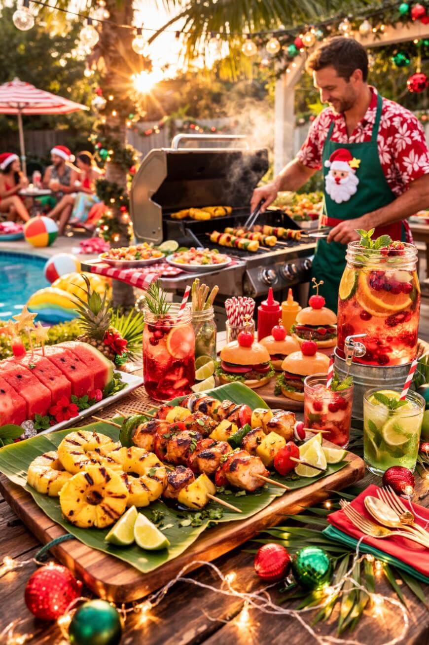 A festive outdoor poolside barbecue with grilled skewers, watermelon, burgers, and tropical drinks. A man in a Santa apron cooks at the grill; colorful ornaments and lights decorate the scene. People relax by the pool in the background.