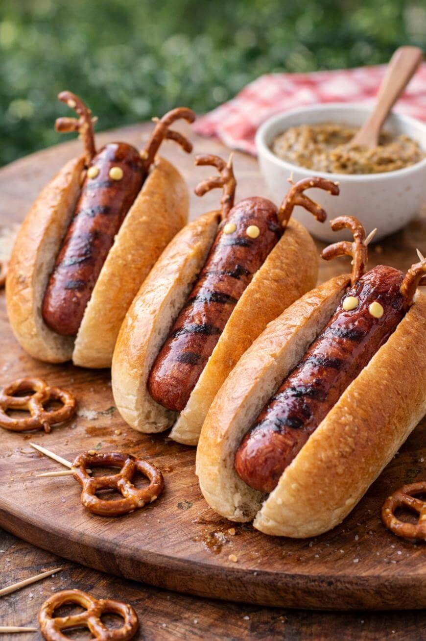 Three hot dogs in buns are decorated to look like reindeer, with pretzel sticks as antlers and mustard dots for eyes. A bowl of mustard and a red-checkered napkin are in the background.