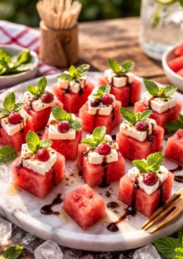 Cubes of watermelon topped with feta cheese, mint leaves, and berries, arranged on a marble platter, drizzled with balsamic glaze, with ice and fresh mint around them.