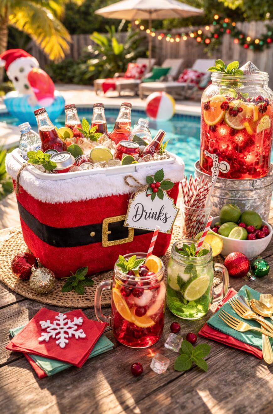 A festive poolside holiday drink station with a Santa-themed cooler full of bottled drinks, glass dispensers of fruit punch and lemonade, mason jar glasses with garnishes, and holiday decorations on a wooden table.