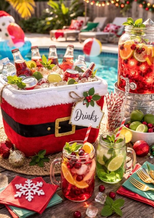 A festive outdoor poolside setup features a Santa-themed cooler filled with assorted drinks, two mason jar drinks with fruit and herbs, jars of citrus punch, and Christmas decorations, evoking a holiday summer party.