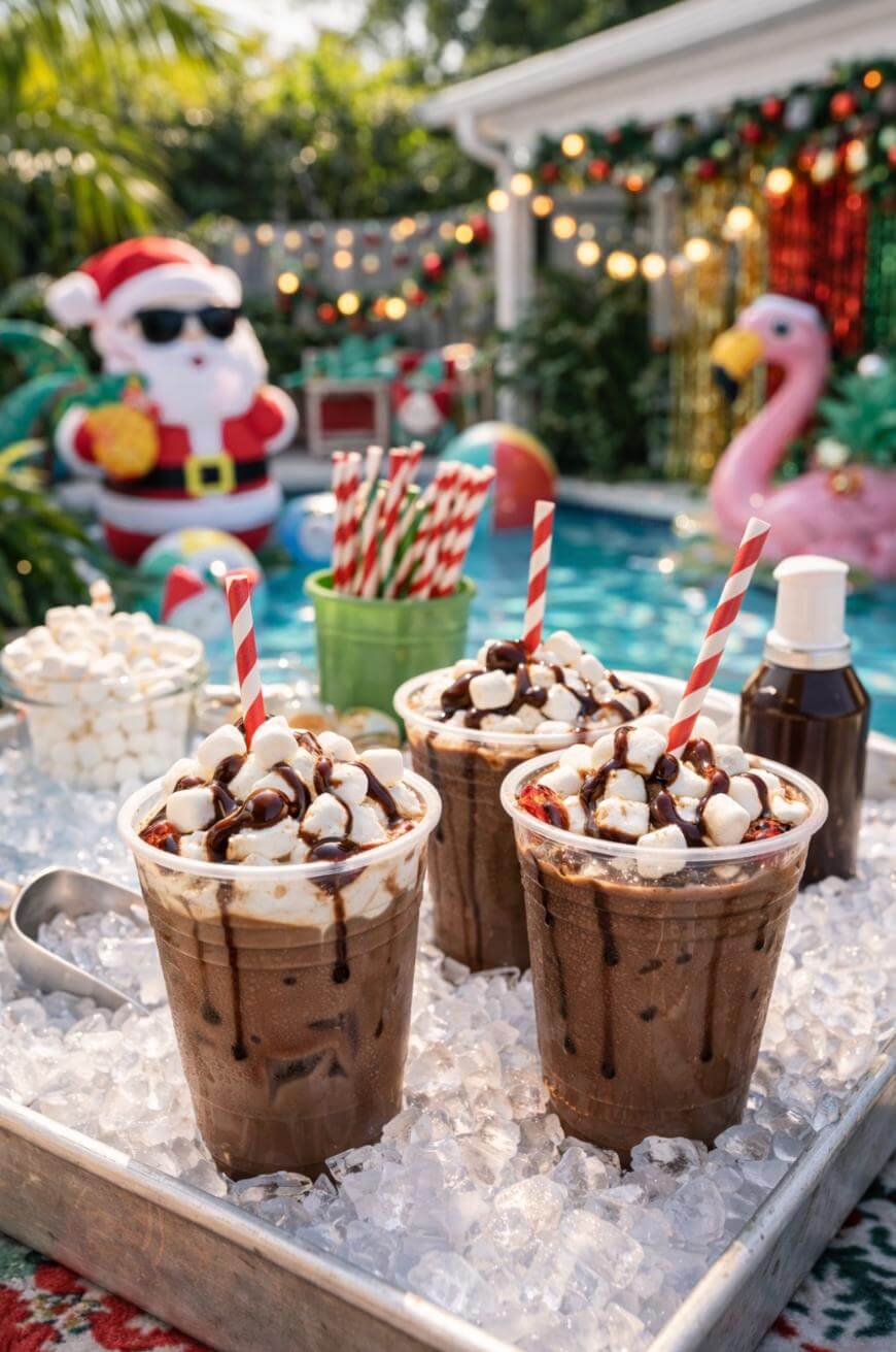Three iced cocoa drinks with whipped cream, marshmallows, and chocolate drizzle sit on ice in front of a pool decorated with Christmas ornaments, a Santa inflatable, and a pink flamingo. Striped straws and festive lights complete the scene.
