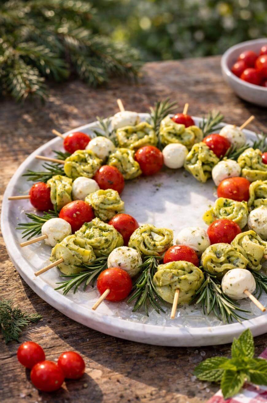 A festive platter arranged in a wreath shape with skewers of tortellini pasta, mozzarella balls, and cherry tomatoes, garnished with sprigs of rosemary. The platter is on a rustic wooden table.