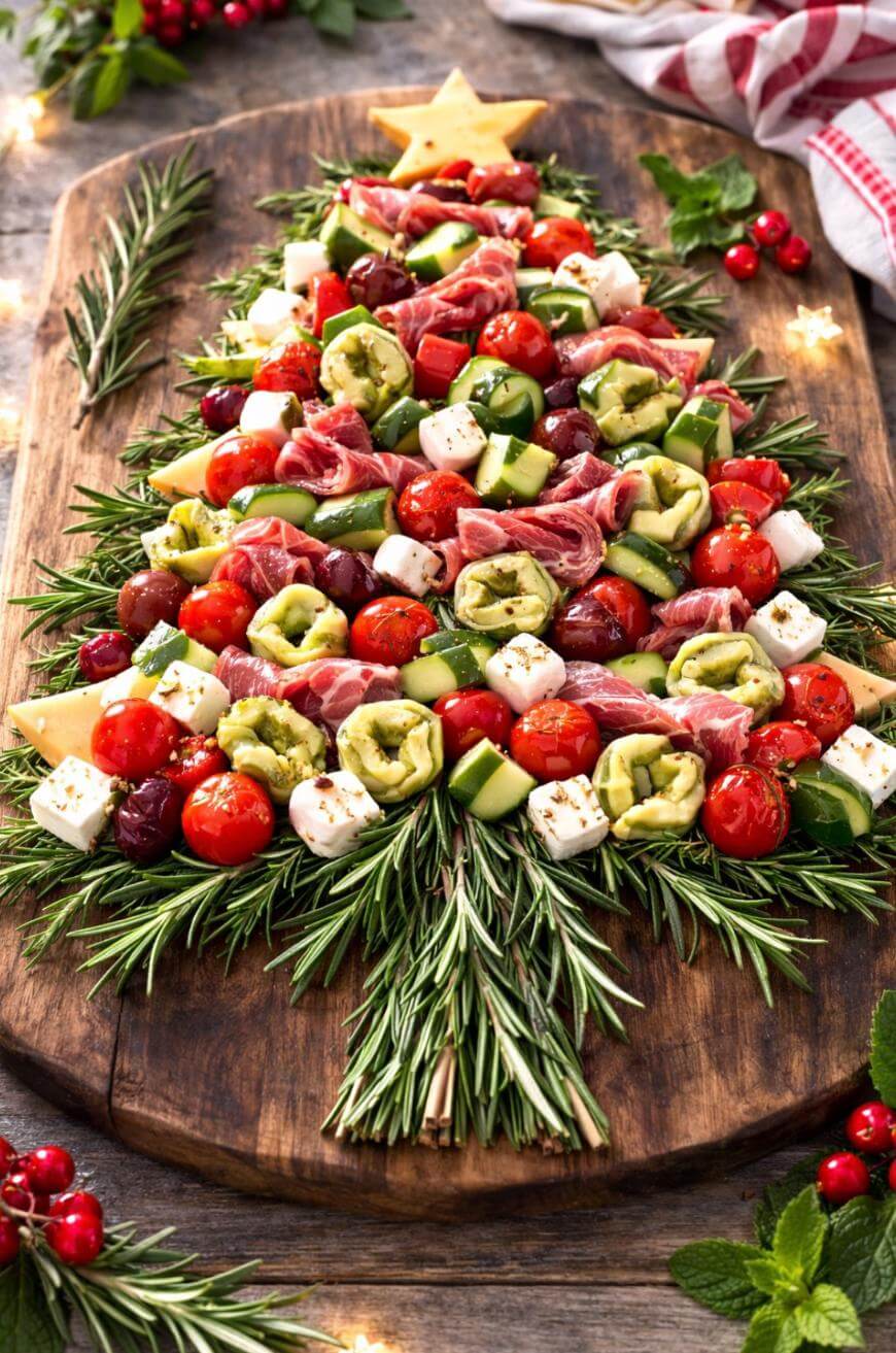 Festive charcuterie arranged as a Christmas tree with rosemary branches, cheese, olives, cucumbers, tomatoes, peppers, and cured meats on a wooden board, topped with a star-shaped cheese slice.