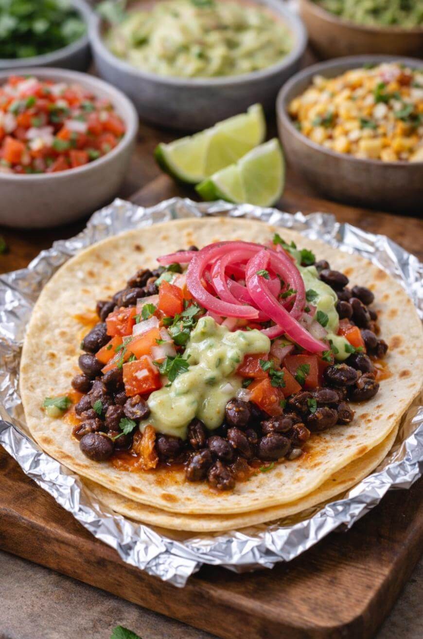 A tortilla filled with black beans, guacamole, pico de gallo, and pickled red onions, served on foil with bowls of salsa, guacamole, corn, and lime wedges in the background.