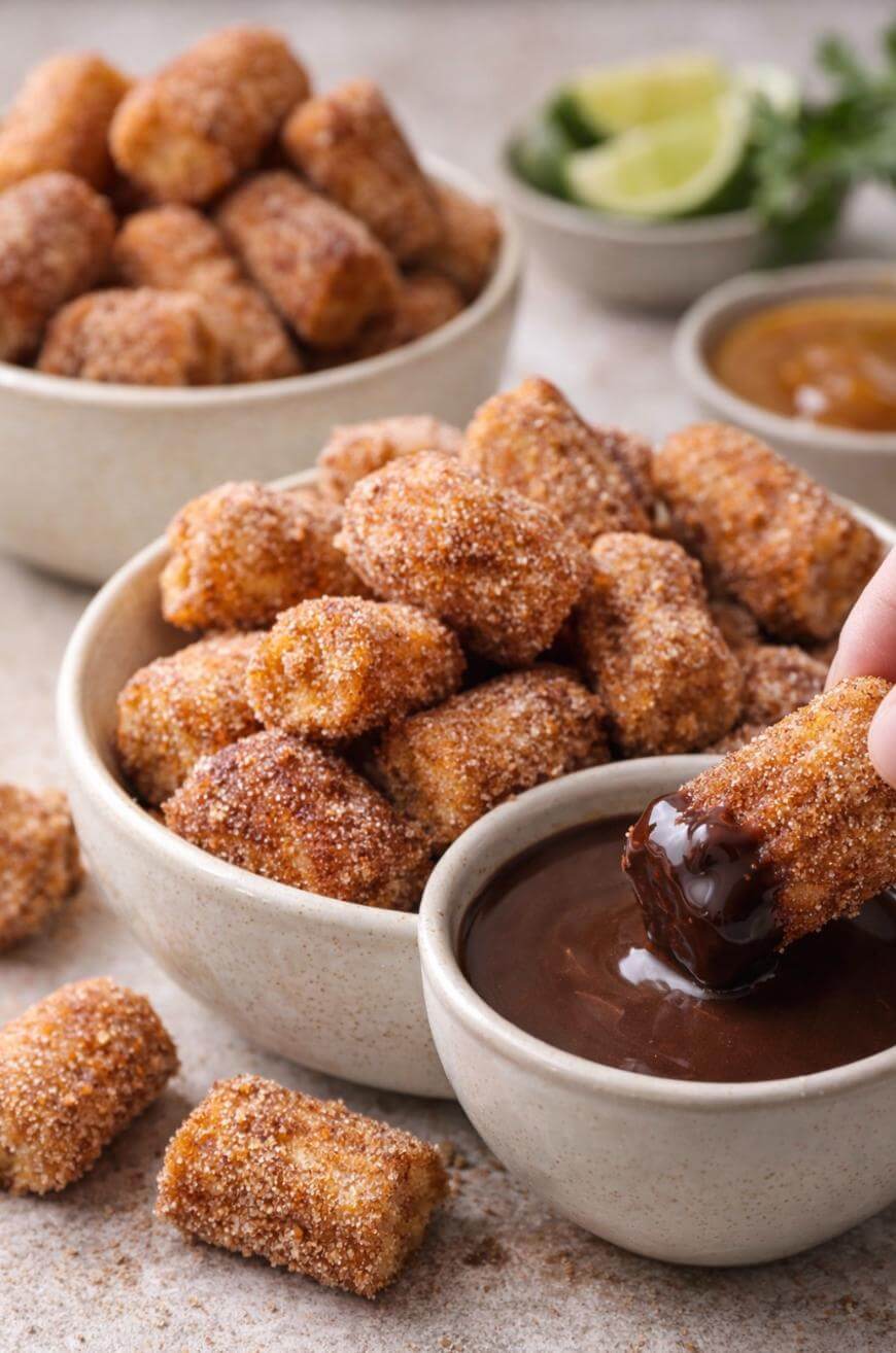 Bowls filled with cinnamon sugar-coated churro bites. A hand dips one churro bite into a bowl of chocolate sauce. Other bowls with dipping sauces and lime wedges are in the background.