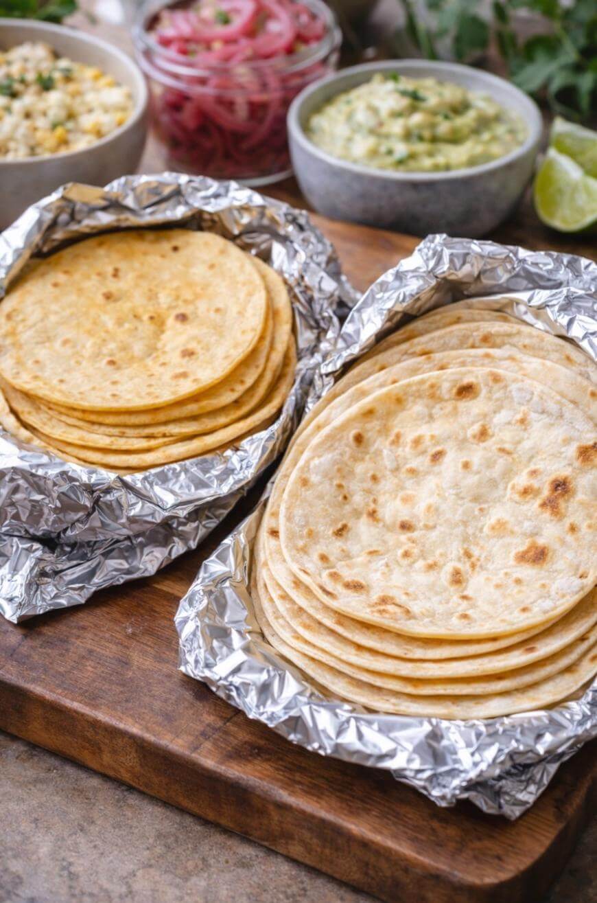 Two stacks of tortillas wrapped in foil sit on a wooden board, with bowls of corn salad, pickled onions, and guacamole in the background.