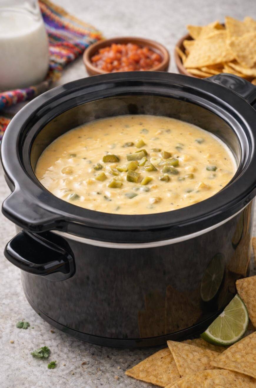 A black slow cooker filled with creamy queso dip topped with diced green chiles. Tortilla chips, salsa, and a glass of milk are in the background on a gray surface.