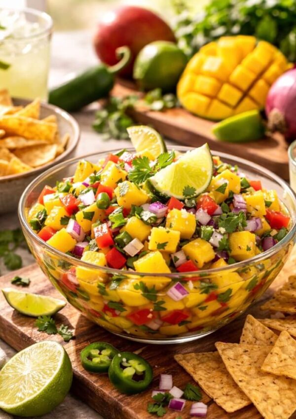 A glass bowl of mango salsa with diced mango, red onion, red bell pepper, cilantro, and jalapeño, garnished with lime wedges. Tortilla chips, lime slices, and fresh ingredients surround the bowl.
