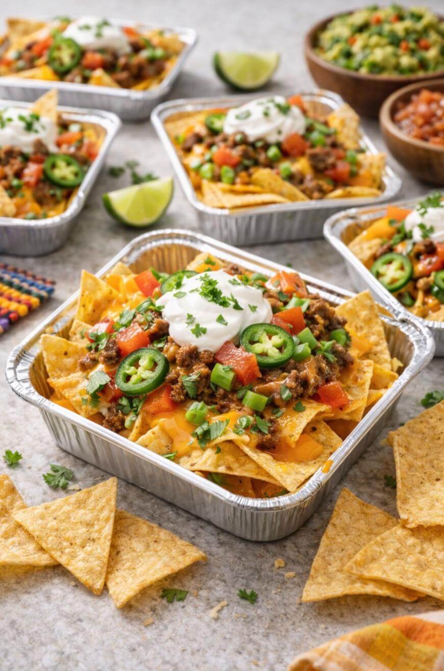 A tray of nachos topped with ground beef, melted cheese, diced tomatoes, jalapeños, green onions, cilantro, and a dollop of sour cream, surrounded by similar trays and bowls of guacamole and salsa.