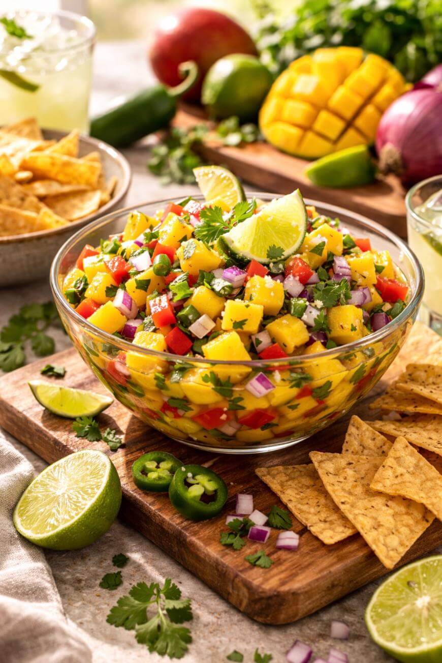 A glass bowl filled with colorful mango salsa made of mango, red onion, jalapeño, cilantro, and red pepper, garnished with lime wedges. Tortilla chips and fresh ingredients surround the bowl.