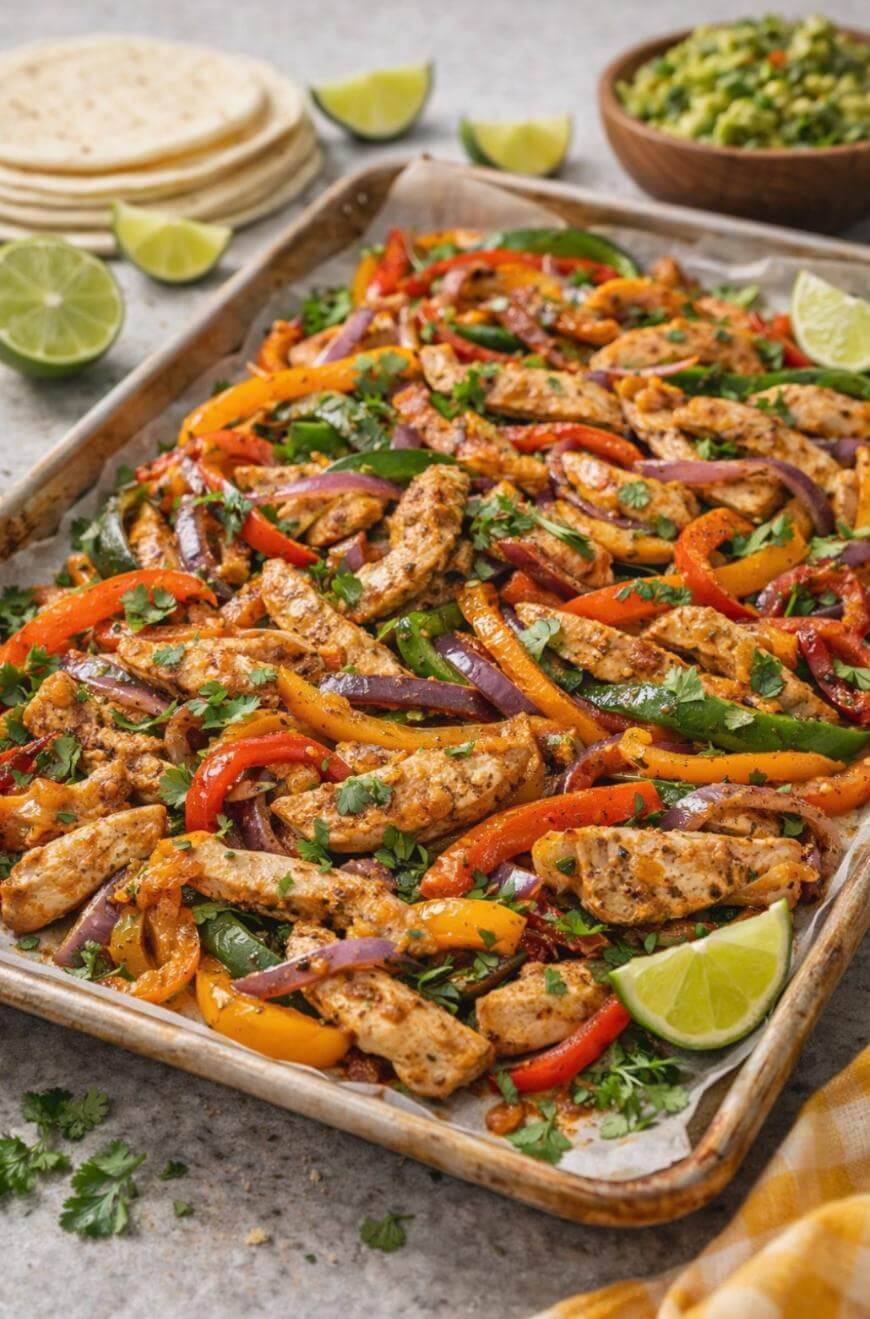 A baking sheet filled with cooked chicken strips, red, yellow, and green bell peppers, and red onions, garnished with cilantro and lime wedges. Tortillas, lime halves, and guacamole are in the background.