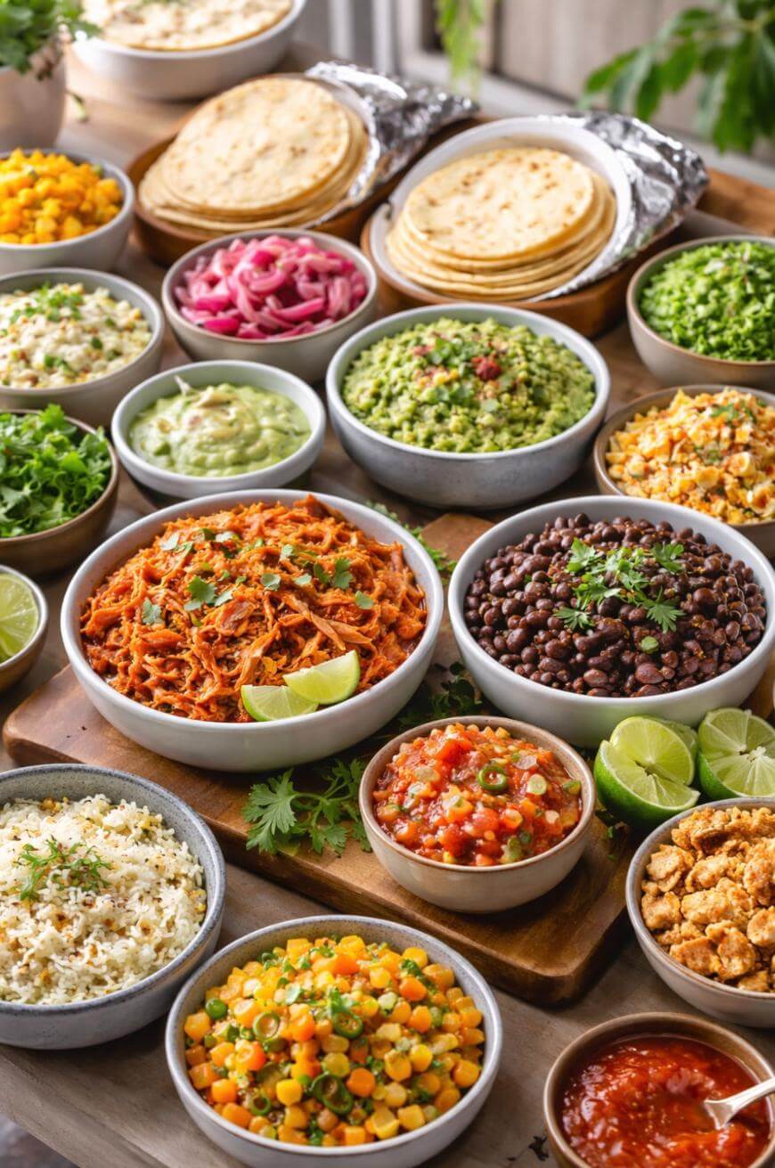 A vibrant spread of Mexican taco ingredients in bowls, including shredded meat, black beans, salsa, guacamole, corn, pickled onions, cheese, chopped veggies, and stacks of tortillas in the background.
