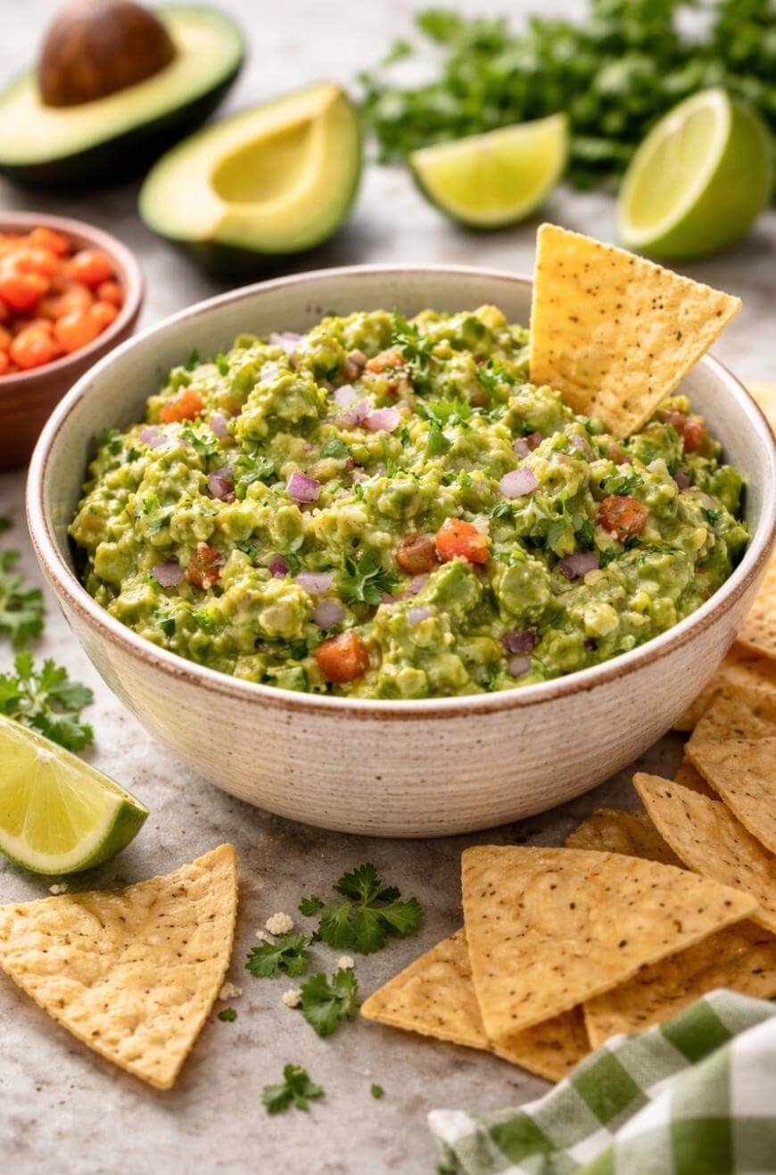 A bowl of guacamole garnished with diced tomatoes, red onions, and cilantro, with a tortilla chip dipped in. Surrounded by tortilla chips, lime wedges, cilantro, an avocado, and a bowl of beans.