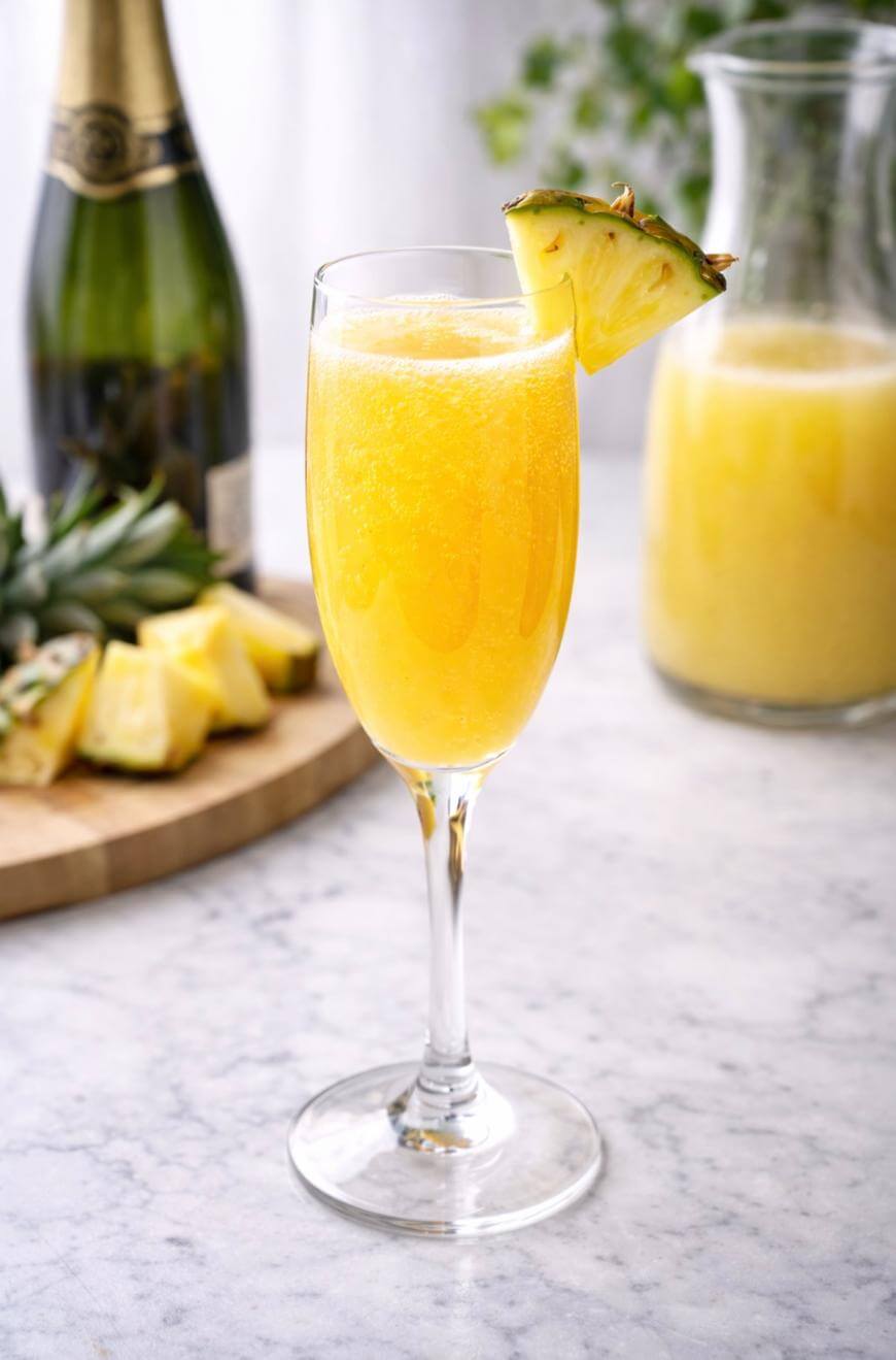 A glass of yellow mimosa garnished with a pineapple slice sits on a marble surface. In the background, there is a bottle of champagne, a carafe of juice, and sliced pineapple on a wooden board.