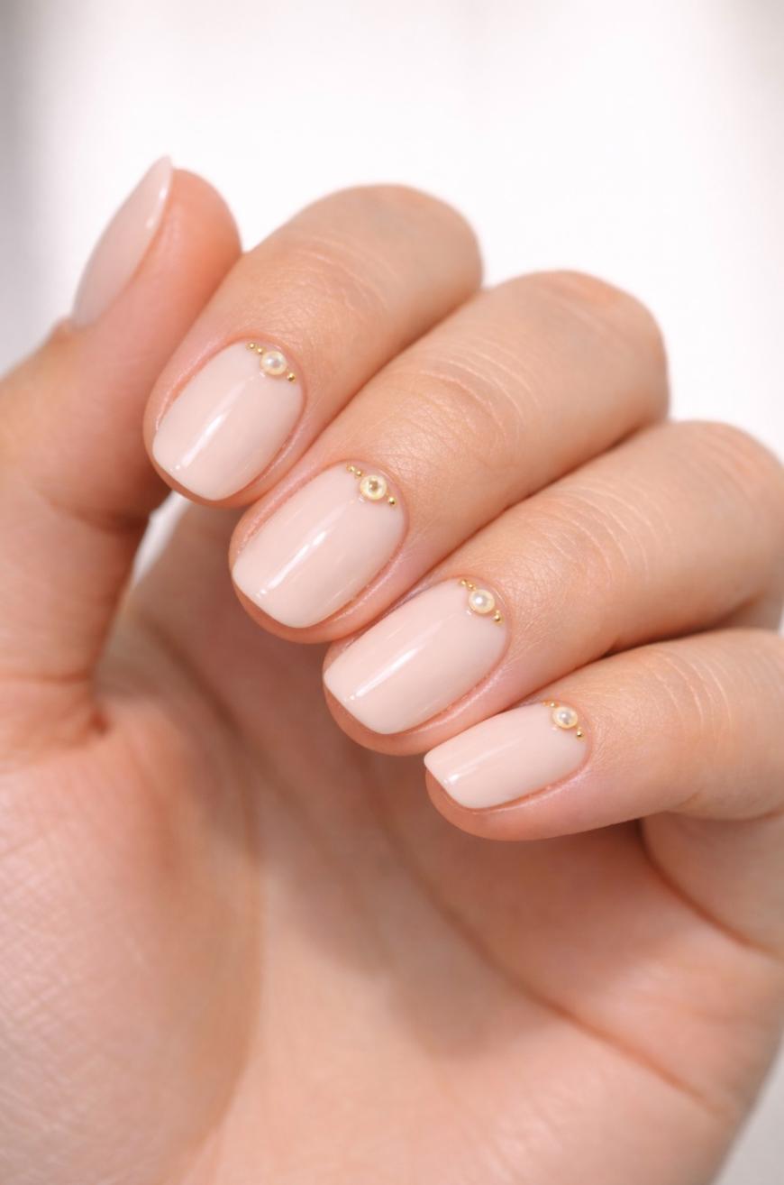 A hand with short, neatly manicured nails painted in a pale nude polish, each nail decorated with a small gold bead near the cuticle.