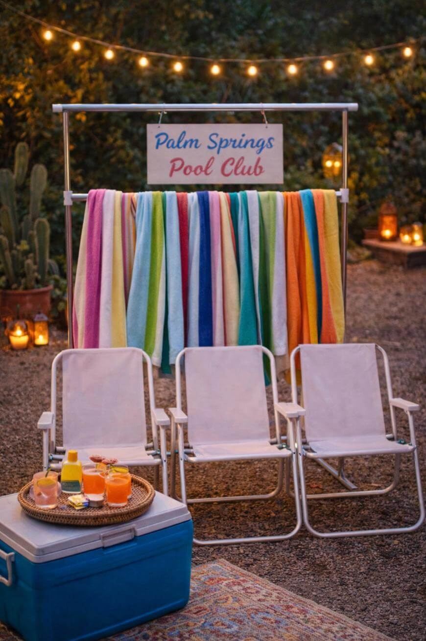 Three white lawn chairs sit by a rack of colorful towels under a sign reading Palm Springs Pool Club, with string lights, candles, and a blue cooler with drinks and snacks nearby, creating a festive outdoor setting.
