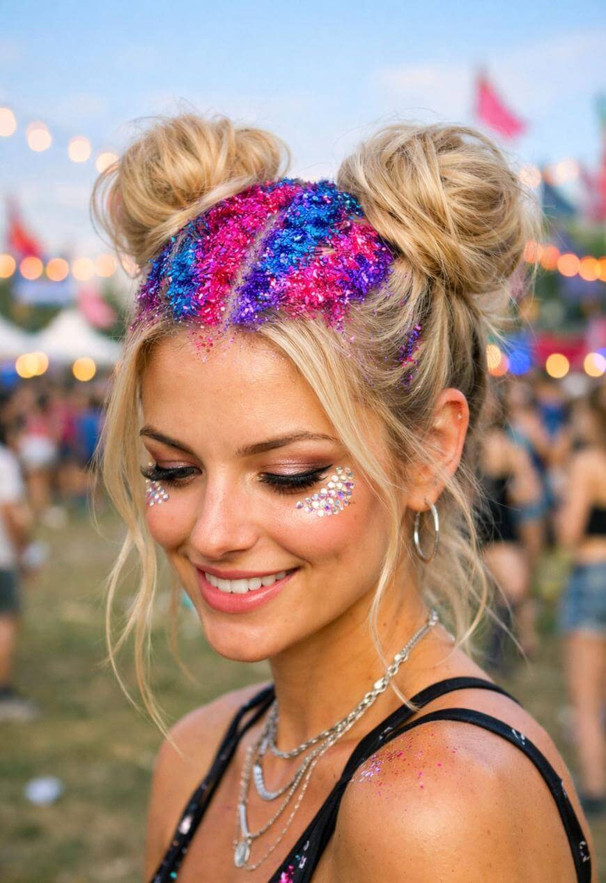 A smiling woman at a festival with blonde hair in double buns, bright pink and blue glitter on her hair and face, wearing layered necklaces and hoop earrings. The background shows people and string lights outdoors.