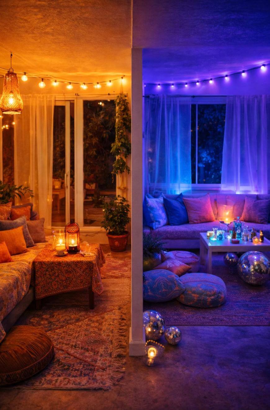 A cozy living room split by lighting: one side is warm with orange lights, candles, pillows, and plants; the other side is cool with blue and purple lights, similar decor, and disco balls on the floor.