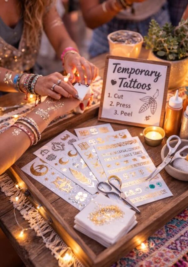A group of people apply metallic temporary tattoos at a decorated table with tattoo sheets, scissors, candles, plants, and a sign that reads, “Temporary Tattoos: 1. Cut 2. Press 3. Peel.”.