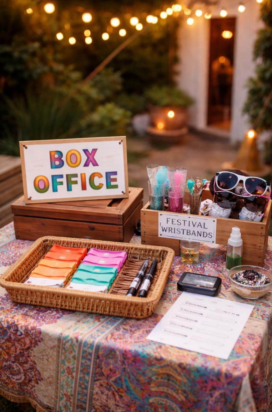 A colorful outdoor festival box office table displays wristbands, sunglasses, glitter, spray bottles, a payment device, and a sign-up sheet, with string lights glowing in the background.