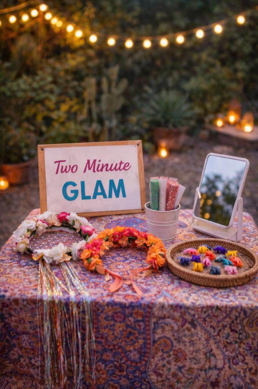 A decorated outdoor table with a “Two Minute Glam” sign, flower crowns, beaded hair accessories, glitter tubes in a cup, a mirror, and string lights glowing in the background.