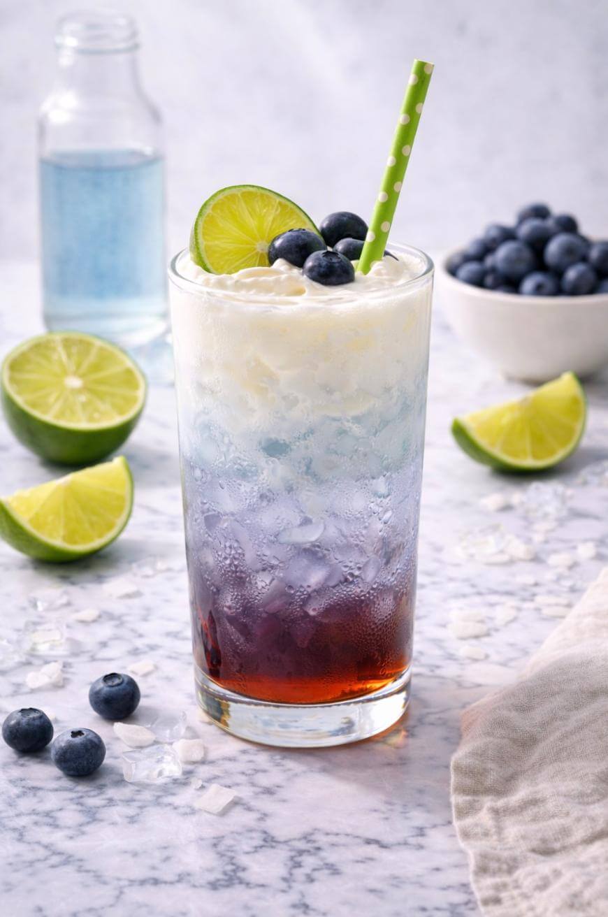 A colorful iced drink with layers of red, blue, and white, topped with whipped cream, blueberries, a lime slice, and a green polka-dot straw; surrounded by limes, blueberries, and a bottle in the background.