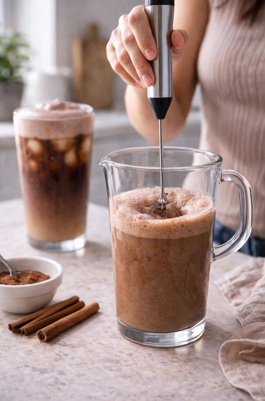 A person uses a handheld frother to mix a large glass pitcher of frothy chocolate drink. In the background, there is a glass of iced chocolate and a bowl of cocoa powder with cinnamon sticks on a countertop.