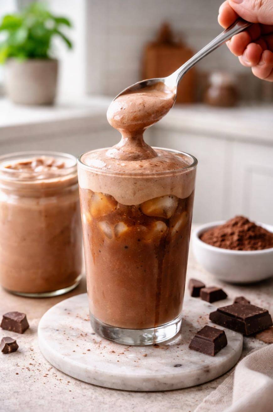 A hand holds a spoonful of frothy iced chocolate above a glass filled with ice and a creamy chocolate drink. In the background are a jar with more chocolate drink, a bowl of cocoa powder, chocolate pieces, and a potted plant.