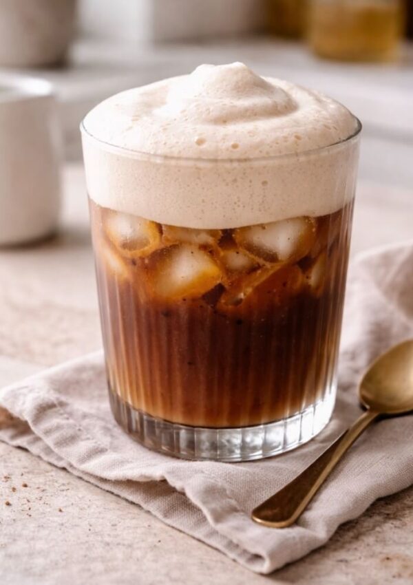 A glass of iced coffee with creamy foam on top sits on a beige napkin beside a gold spoon, with a blurred white cup and background.