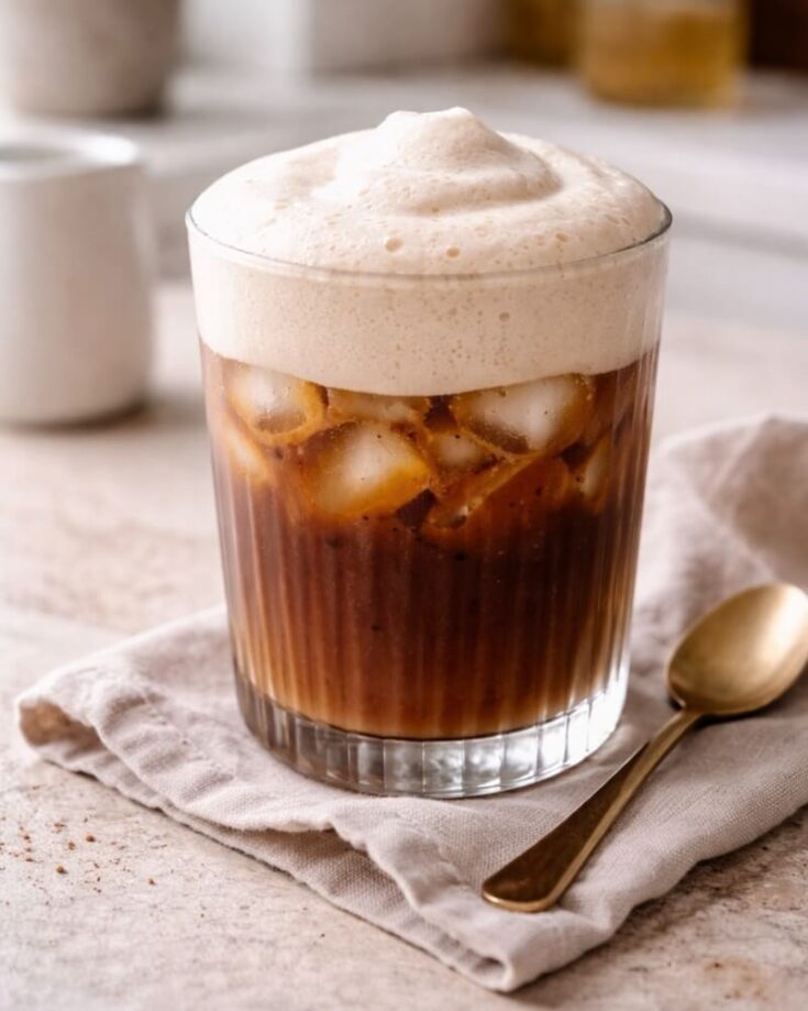 A glass of iced coffee with creamy foam on top sits on a beige napkin beside a gold spoon, with a blurred white cup and background.