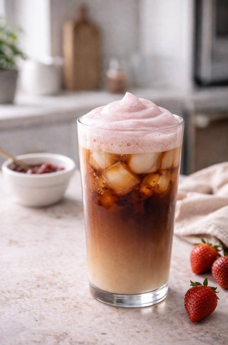 A tall glass of iced coffee topped with a thick layer of pink strawberry cream foam sits on a light countertop, with fresh strawberries and a small bowl of jam nearby. The background features a blurred kitchen setting.