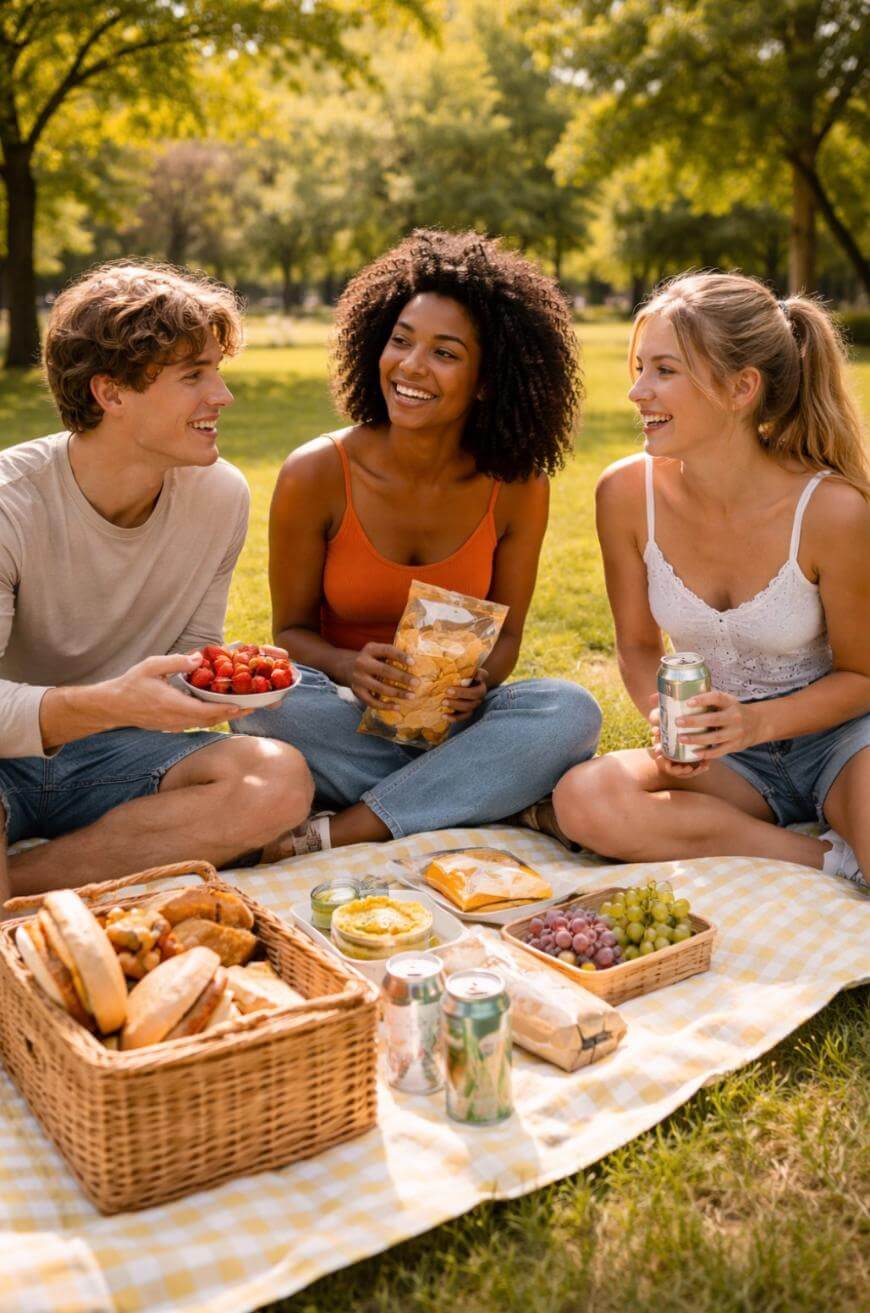 Three friends sit on a picnic blanket in a park, smiling and talking. They are surrounded by picnic food including bread, fruit, snacks, and drinks. The scene is bright and sunny with green trees in the background.