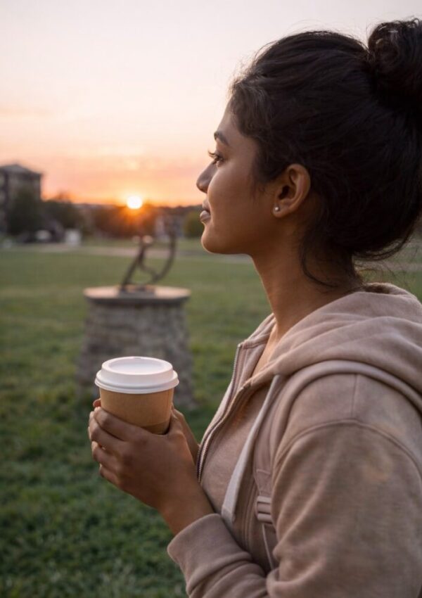 A young woman with dark hair in a bun holds a coffee cup and gazes at the sunset in a grassy park, wearing a tan hoodie.