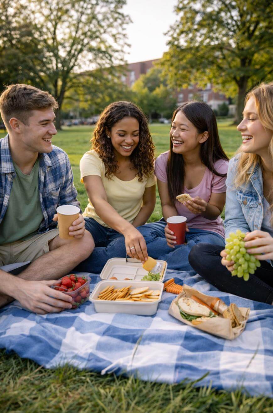 Four young adults sit on a picnic blanket in a park, smiling and sharing food including grapes, crackers, and strawberries, with trees and a building visible in the background.
