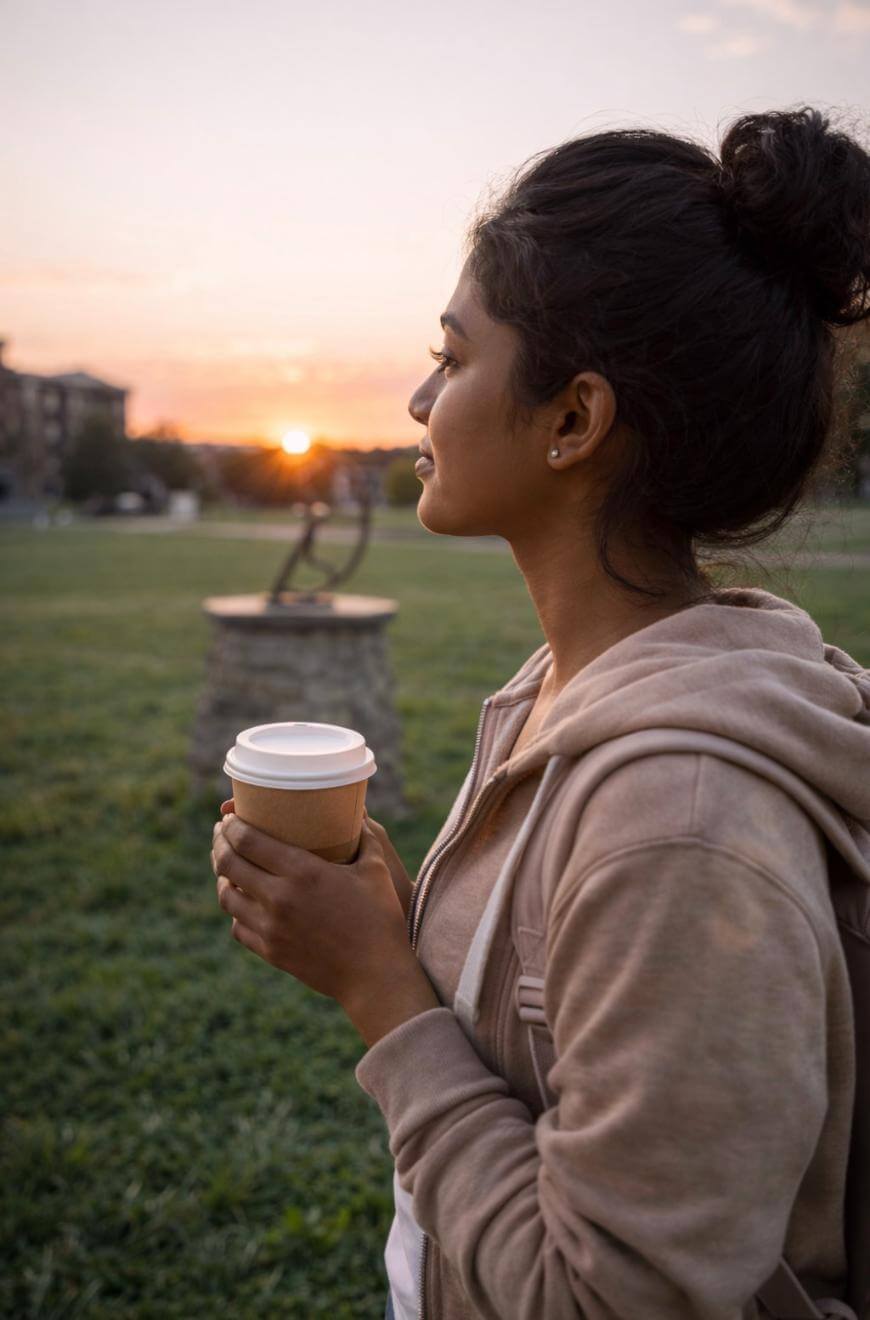 A woman in a brown hoodie stands outdoors holding a coffee cup, looking thoughtfully at the sunset in a grassy park.