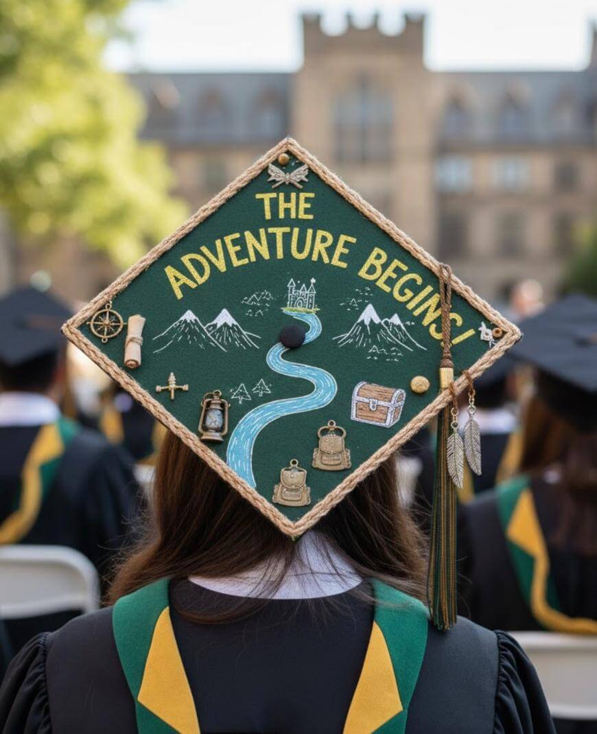 A graduate wearing a decorated cap that reads The Adventure Begins, featuring drawings of a river, mountains, and travel-themed items, sits among other graduates at an outdoor ceremony.