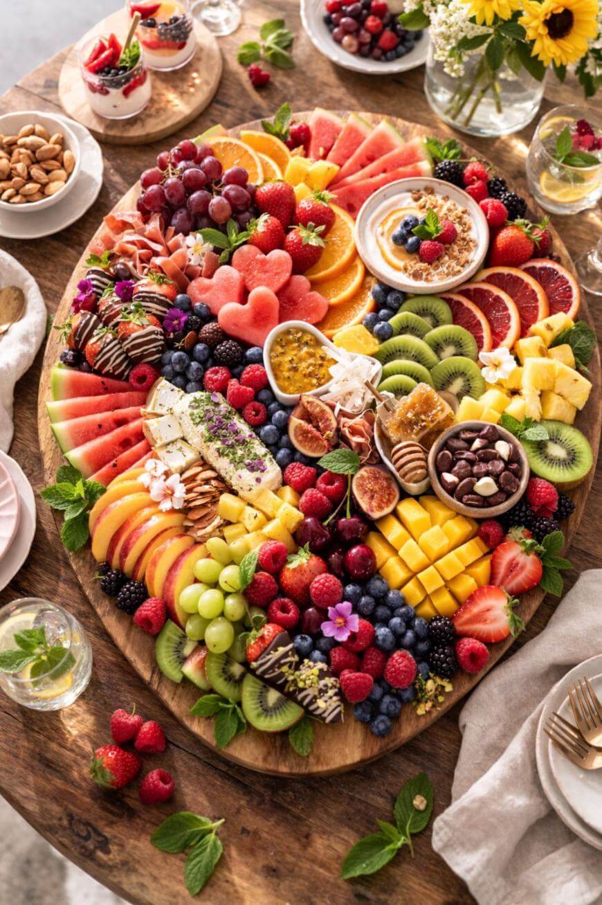 A large wooden platter filled with a colorful variety of sliced fruits, berries, figs, nuts, and dips, artistically arranged on a rustic table with flowers, drinks, and small dishes surrounding it.