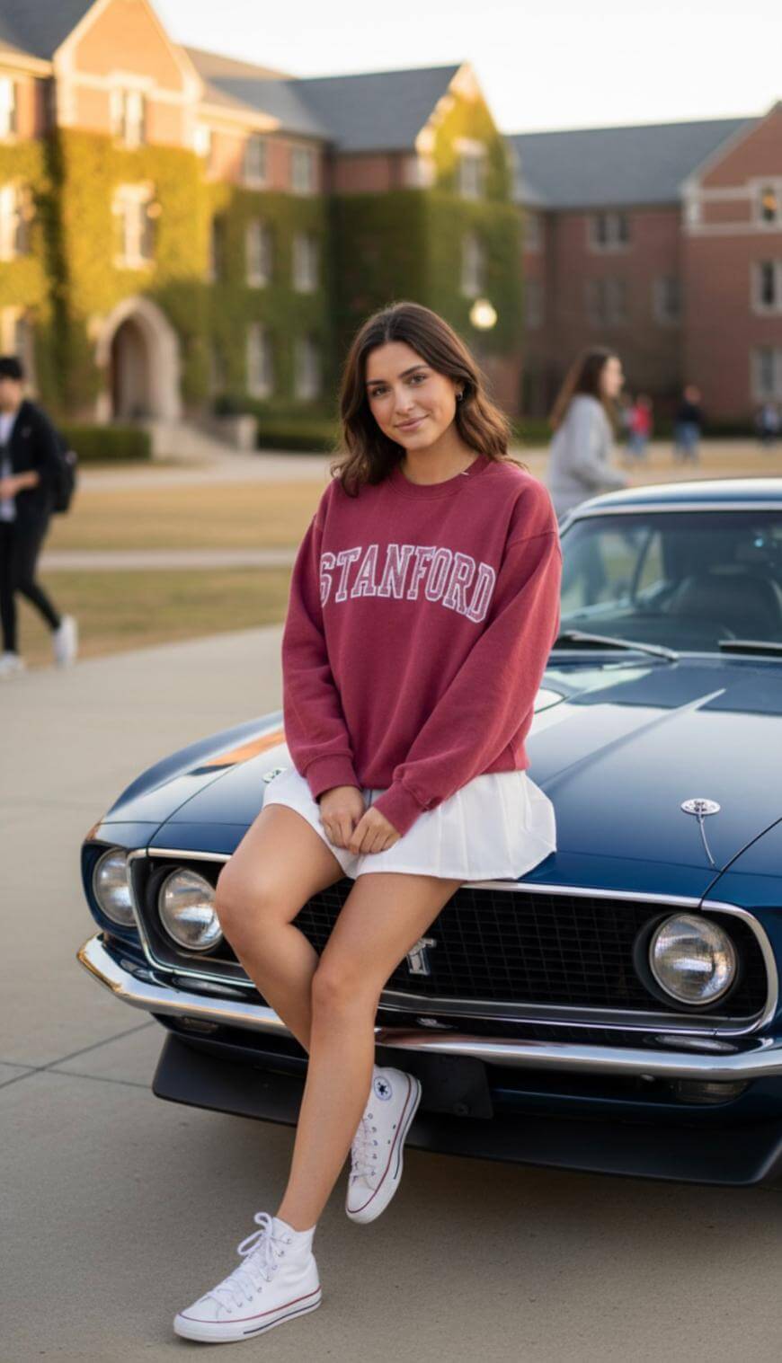 A young woman in a red Stanford sweatshirt and white skirt sits on the hood of a classic blue car, smiling. She wears white Converse shoes. A college campus with brick buildings is in the background.