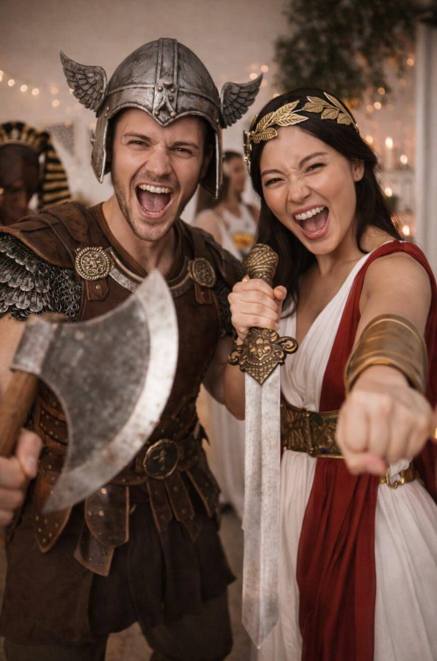 Two people in ancient warrior costumes pose energetically, smiling and yelling. The man wears armor and a helmet, holding an axe, while the woman wears a toga, crown, and holds a sword, both facing the camera.