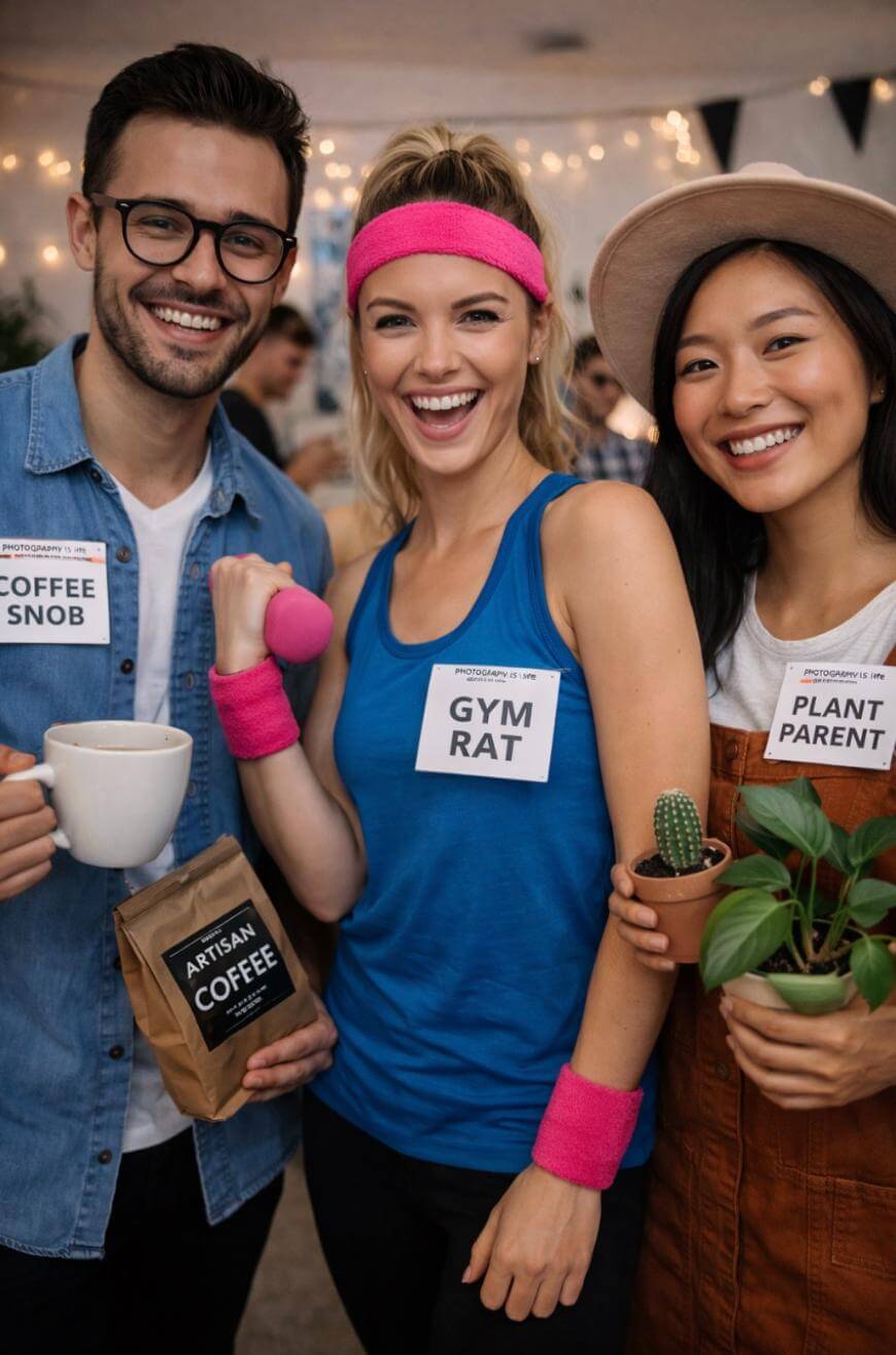 Three smiling people at a party wear humorous labels: Coffee Snob holding a mug, Gym Rat in workout clothes with a dumbbell, and Plant Parent holding potted plants. Festive lights and people are in the background.
