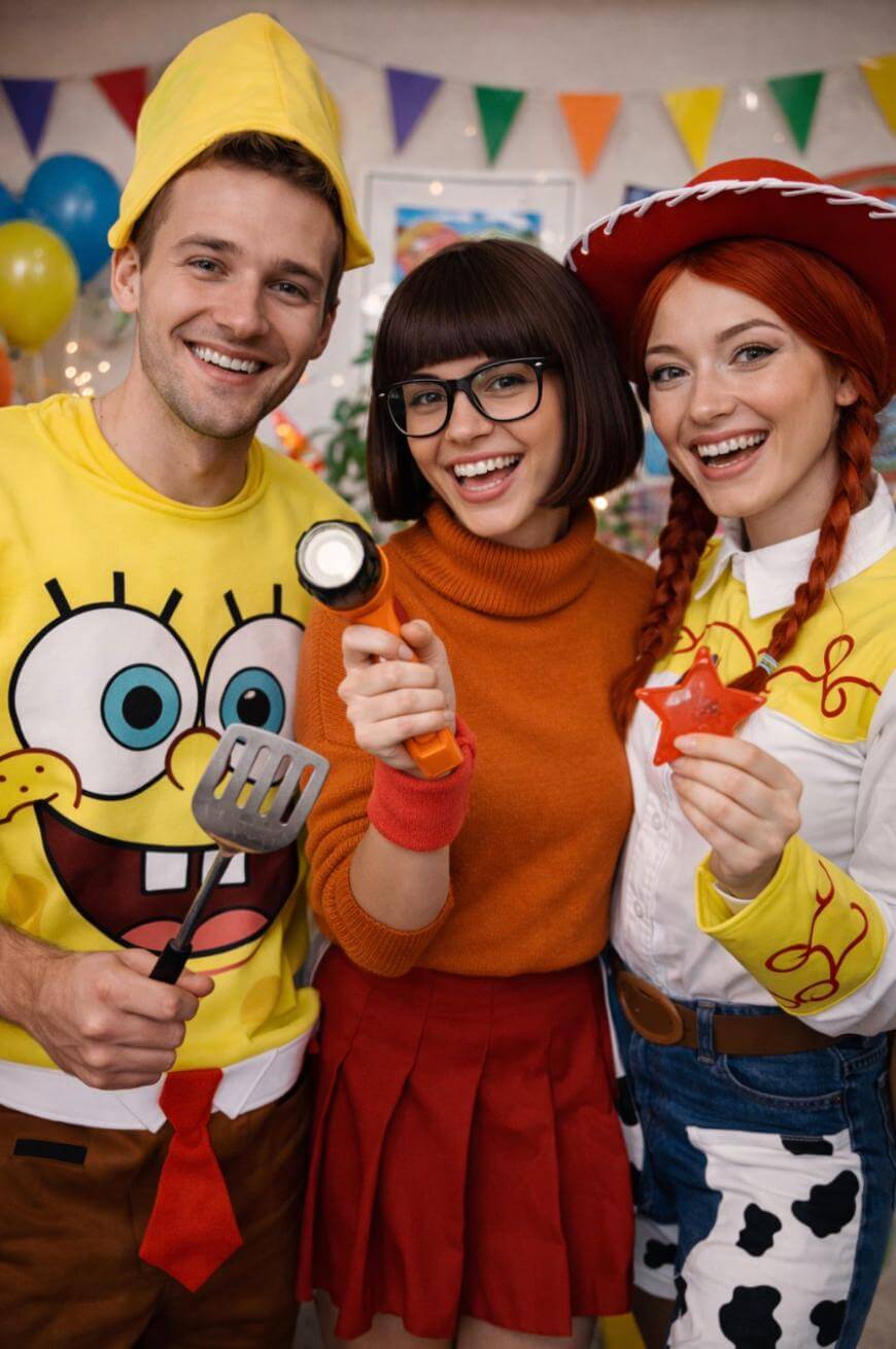 Three people smile at a party in colorful costumes: one as SpongeBob SquarePants, one as Velma from Scooby-Doo holding a magnifying glass, and one as Jessie from Toy Story holding a red star.